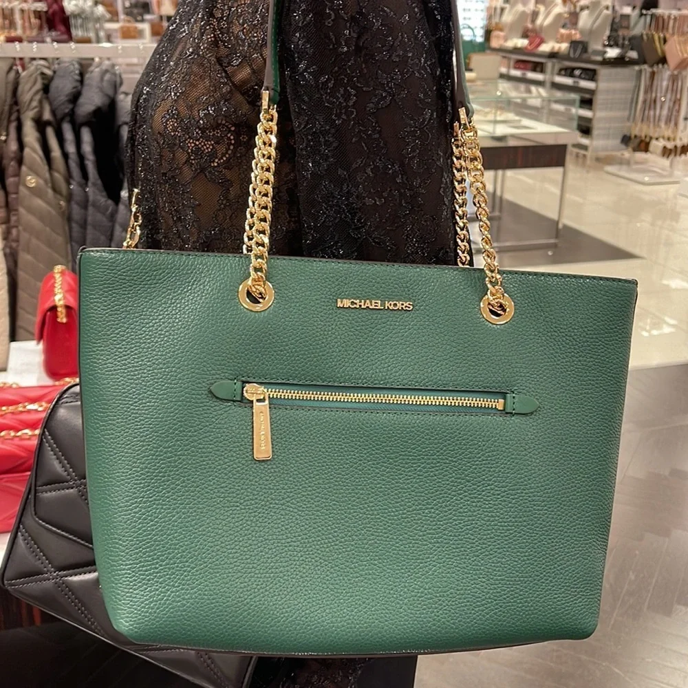 MICHAEL KORS Jet Set Medium Front Zip Pebbled Leather Chain Tote Bag Jewel Green